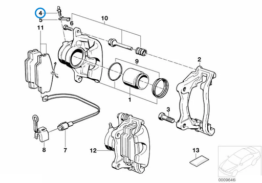 BMW parts diagram with part 34111121206 (Caliper Bleed Valve – M7 (33mm Length)) highlighted in the front brake pad wear sensor assembly