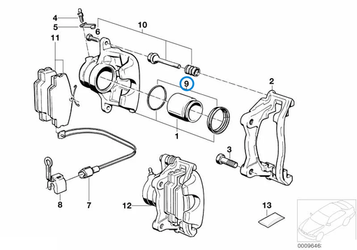 BMW parts diagram showing Girling Front Caliper Rebuild Kit 34111154440 in the front brake pad wear sensor assembly