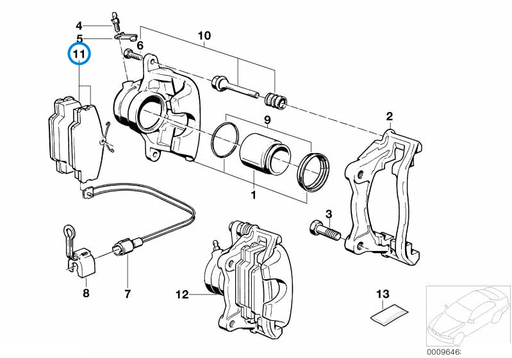 BMW parts diagram showing Front Brake Pads 34111161347 in the front brake pad wear sensor assembly