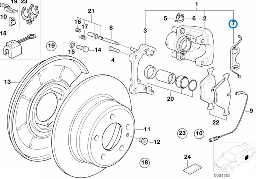 BMW parts diagram showing Brembo Rear Brake Caliper Clips 34211153199 in the rear brake pad wear sensor assembly