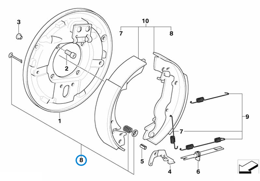 BMW parts diagram with part 34211154448 (Rear Drum Brake Shoes Spring Set) highlighted in the drum brake brake shoes brake carrier assembly
