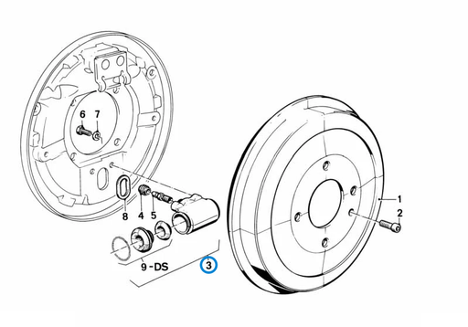 BMW parts diagram showing Rear Drum Brake Cylinder 22.20mm 34211156167 in the drum brake, brake drum and wheel brake cylinder