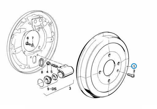 BMW parts diagram showing Brembo Rear Brake Drum 34211158556 in the drum brake, brake drum and wheel brake cylinder assembly