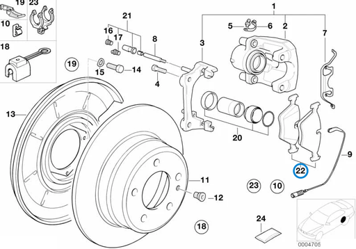 BMW parts diagram showing Brembo Rear Brake Pad Set 34211158912 in the rear brake pad wear sensor assembly