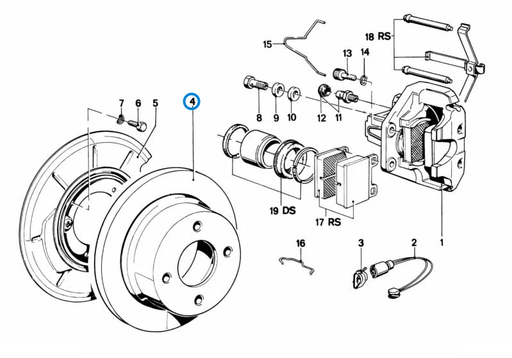 BMW parts diagram showing Brembo Rear Brake Disc 34216755408 in the rear brake pad wear sensor assembly