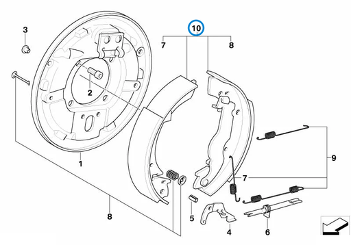BMW parts diagram showing Brembo Rear Brake Shoes 34219064270 in the drum brake, brake shoes and brake carrier assembly