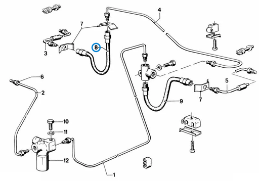 BMW parts diagram showing Brembo Rear Brake Hose, Inner 34321159878 in the rear brake pipe assembly