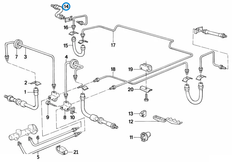BMW parts diagram showing Brembo Rear Brake Hose, Outer 34321159881 in the front and rear brake pipe mounting assembly