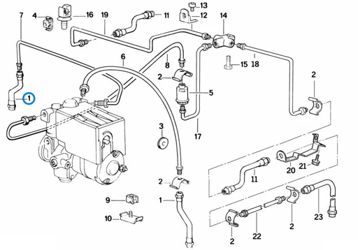 BMW parts diagram showing Brembo Front Brake Hose 34321159890 in the front and rear brake pipe mounting assembly