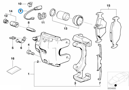 BMW parts diagram showing Brembo Brake Pad Wear Sensor 34351179819 in the front brake pad wear sensor assembly