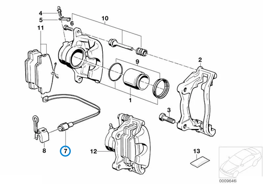 BMW parts diagram showing Brembo Front Brake Pad Wear Sensor 34359058889 in the front brake pad wear sensor assembly