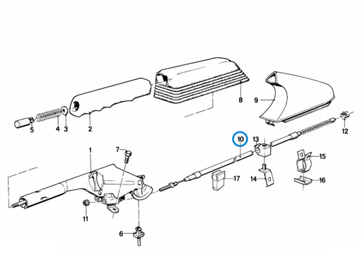BMW parts diagram with part 34411154681 (Parking Brake Bowden Cable - Rear Drum Brakes) highlighted in the parking brake control assembly