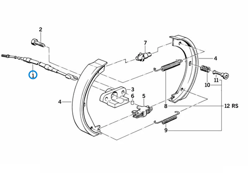 BMW parts diagram with part 34411158421 (Parking Brake Bowden Cable) highlighted in the parking brake brake shoes assembly