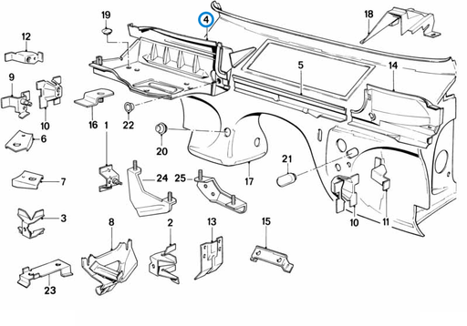 BMW parts diagram with part 41111929429 (E30 Front Battery Tray) highlighted in the splash wall parts assembly