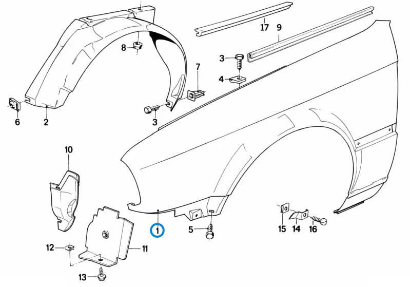 BMW parts diagram with part 41351968490 (right front wing repair panel) highlighted in the front side panel assembly