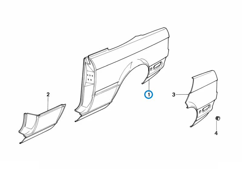 BMW parts diagram with part 41351961941 (left rear arch repair section) highlighted in the rear side panel assembly
