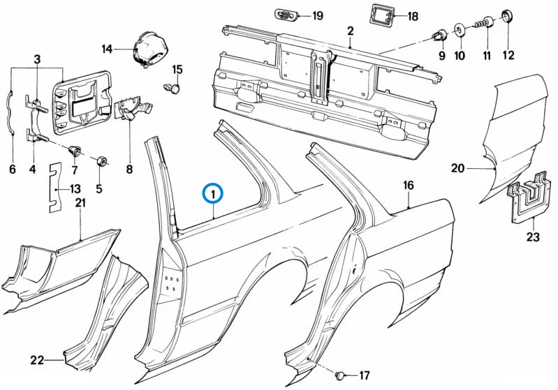 BMW parts diagram with part 41351972966 (right rear arch repair section) highlighted in the side panel tail trim assembly