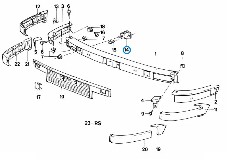 BMW parts diagram with part 51111888122 (E30 front bumper bracket) highlighted in the bumper front assembly