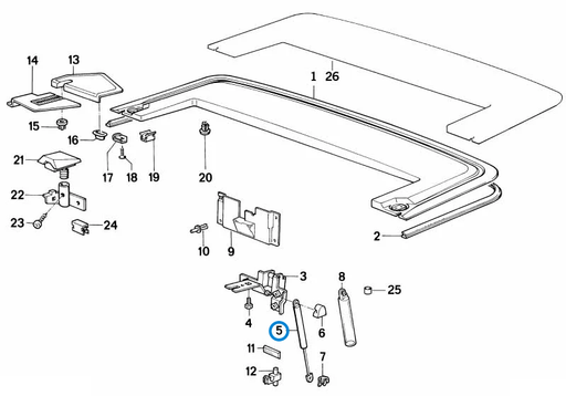 BMW parts diagram with part 51251932333 (Stabilus Gas Strut Soft Top Compartment Lid) highlighted in the folding top compartment lid assembly