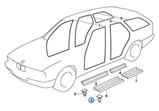 BMW parts diagram with part 51471840960 (interior trim clip) highlighted in the edge protection coverings rockers assembly