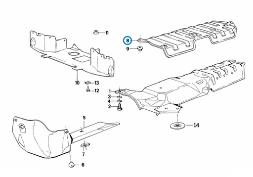BMW parts diagram with part 51481945429 (E30 exhaust heat resistant plate) highlighted in the heat insulation assembly