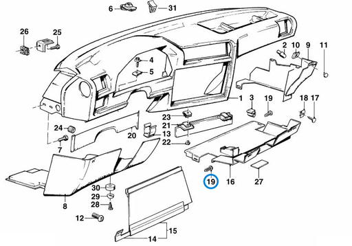 BMW parts diagram with part 51711916197 (Trim Panel Twist Clip) highlighted in the trim panel dashboard assembly