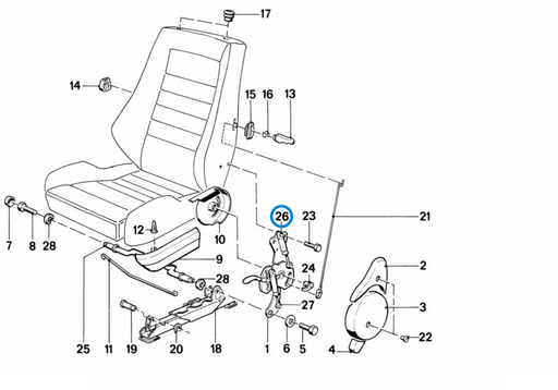 BMW parts diagram with part 52101916596 (Stabilus Gas Spring Backrest Adjuster - E30 / E28) highlighted in the recaro sports seat part assembly