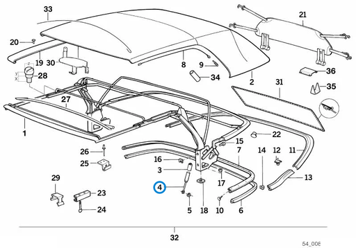 BMW parts diagram with part 54311932751 (Stabilus Gas Spring for Soft Top Mechanism) highlighted in the folding top assembly