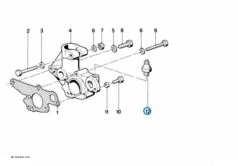 BMW parts diagram with part 61311243414 (Oil Pressure Switch) highlighted in the distributor flange assembly
