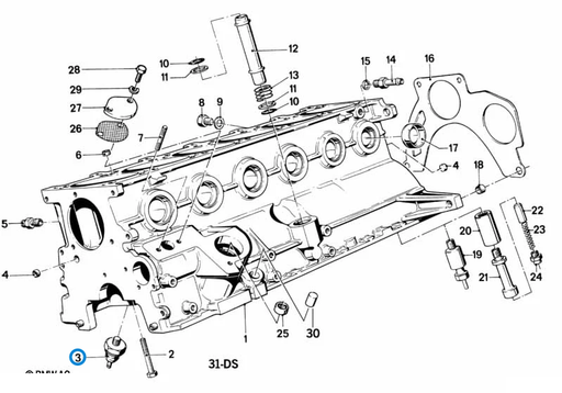 BMW parts diagram with part 61311243414 (Oil Pressure Switch) highlighted in the engine block assembly