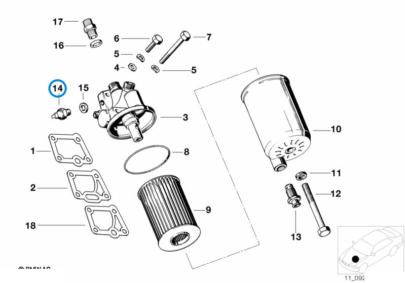 BMW parts diagram with part 61311243414 (Oil Pressure Switch) highlighted in the lubrication system oil filter assembly