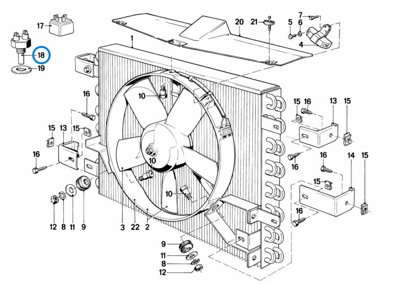 BMW parts diagram with part 61311364272 (Radiator Temperature Switch) highlighted in the climate capacitor additional blower assembly