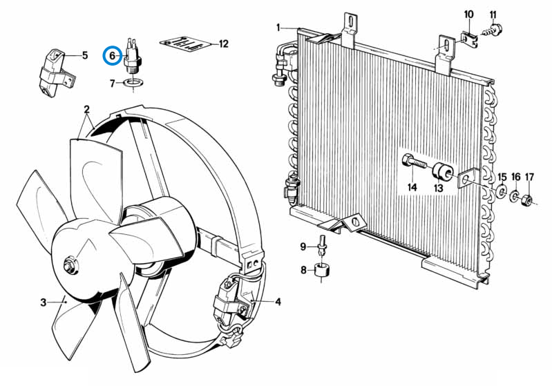 BMW parts diagram with part 61311364272 (Radiator Temperature Switch) highlighted in the condenser fan assembly