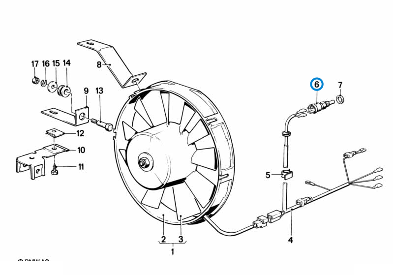 BMW parts diagram with part 61311364272 (Radiator Temperature Switch) highlighted in the electric additional fan assembly
