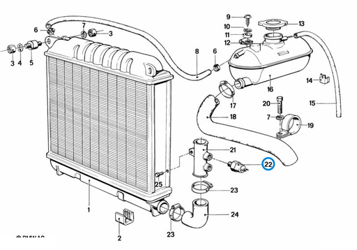 BMW parts diagram with part 61311364272 (Radiator Temperature Switch) highlighted in the radiator expansion tank frame assembly