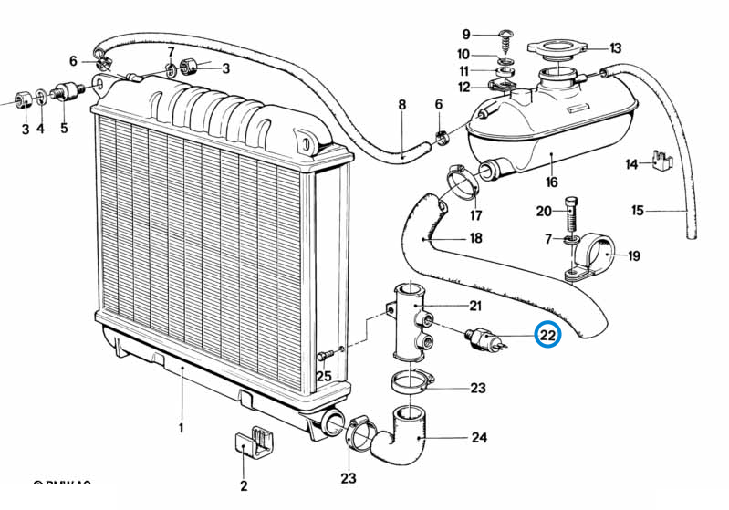 BMW parts diagram with part 61311364272 (Radiator Temperature Switch) highlighted in the radiator expansion tank frame assembly