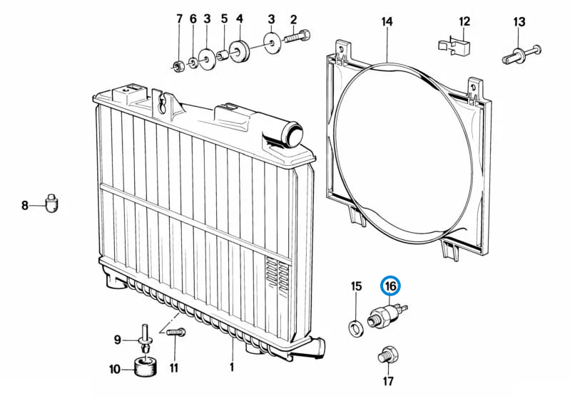 BMW parts diagram with part 61311364272 (Radiator Temperature Switch) highlighted in the radiator frame assembly