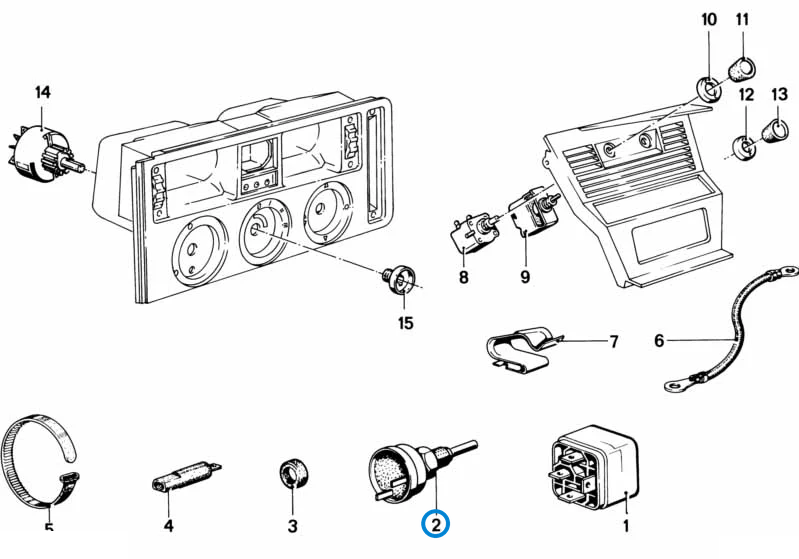 BMW parts diagram with part 61311364272 (Radiator Temperature Switch) highlighted in the switch air conditioning assembly