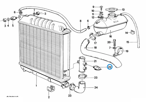 BMW parts diagram with part 61311364273 (Radiator Temperature Switch) highlighted in the radiator expansion tank frame assembly