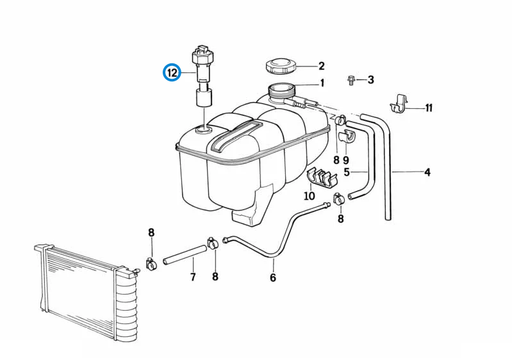BMW parts diagram with part 61311378320 (Expansion Tank Coolant Level Switch - E30 / E28 / E34) highlighted in the expansion tank assembly