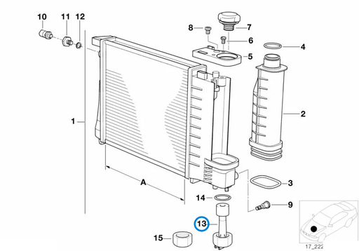 BMW parts diagram with part 61311384739 (Radiator Coolant Level Switch - M42 (Also Many E34 Engines)) highlighted in the radiator assembly
