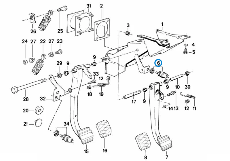 BMW parts diagram with part 61318360420 (Brake Light Switch) highlighted in the pedals stop light switch assembly