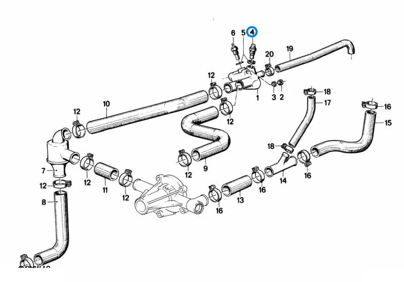 BMW parts diagram with part 62111268355 (Engine Coolant Temperature Sensor - M10 / M20 / M30) highlighted in the cooling system thermostat water hoses assembly
