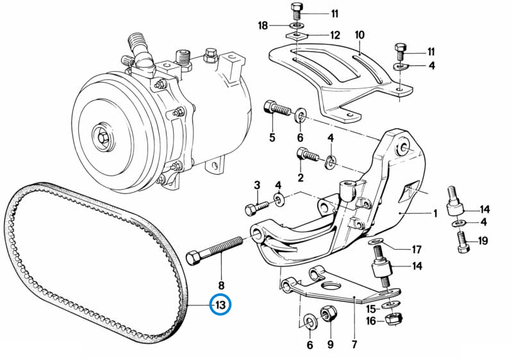 BMW parts diagram with part 64521706826 (Air-Con Belt 13x800mm) highlighted in the compressor attaching parts assembly