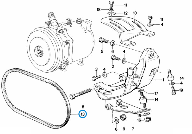 BMW parts diagram with part 64521706826 (Air-Con Belt 13x800mm) highlighted in the compressor attaching parts assembly